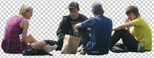 casual, caucasian, cutout, cutout groups, cutout people, day, eye level view, group, people, sitting, summer, sunny, teenager