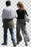 back, casual, couple, cutout, cutout couples, cutout people, day, eye level view, sunny, walking