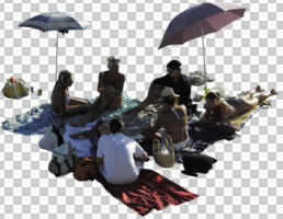 afternoon, beach, cutout, cutout groups, cutout people, day, direct sunlight, eye level view, group, natural light, parasol, people, sitting, summer, sunbathing, sunlight, sunny
