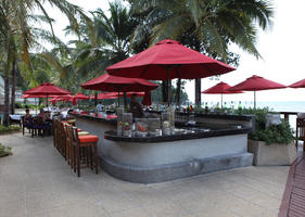 cafe, chair, coconut palm, Cocos nucifera, day, eye level view, furniture, palm, resort, summer, sunny, Thailand, umbrella