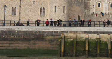 autumn, day, diffuse, diffused light, England, eye level view, group, London, people, river, riverbank, standing, The United Kingdom