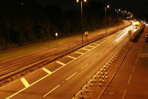 artificial lighting, elevated, England, evening, grass, London, road, The United Kingdom