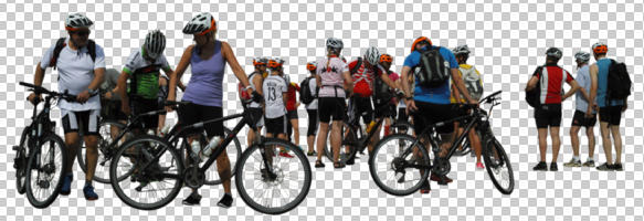 casual, cutout, cutout groups, cutout people, cycling, day, eye level view, group, people, standing, summer, sunny