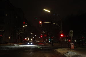 artificial lighting, Berlin, Berlin, Deutschland, eye level view, lamppost, night, outdoor lighting, sign, snow, street, traffic light, winter