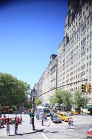 building, car, day, elevated, facade, Manhattan, New York, people, standing, street, summer, sunny, taxi, The United States, traffic light, tree, vegetation, walking