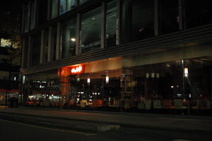 artificial lighting, building, cafe, England, eye level view, London, night, spring, street, The United Kingdom, urban