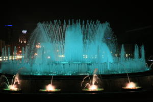 artificial lighting, Barcelona, Cataluña, eye level view, fountain, night, outdoor lighting, Spain