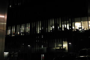 artificial lighting, building, city, city lights, England, eye level view, facade, Liverpool, night, office building, outdoor lighting, The United Kingdom, urban