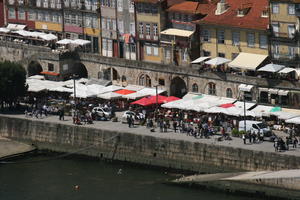 cafe, crowd, day, direct sunlight, elevated, people, Porto, Porto, Portugal, promenade, spring, sunny, umbrella, walking