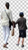 ambient light, back, casual, child, cutout, cutout groups, cutout people, day, eye level view, family, group, walking