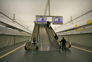 artificial lighting, Calpe, display, escalator, eye level view, indoor lighting, interior, platform, Spain, station, steps, underground, Valenciana
