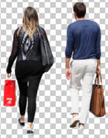 back, casual, caucasian, couple, cutout, cutout couples, cutout people, day, eye level view, shopping, summer, sunny, walking