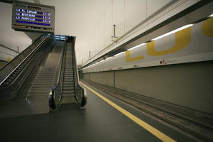 artificial lighting, Calpe, display, escalator, eye level view, fluorescent, indoor lighting, interior, platform, Spain, station, steps, underground, Valenciana