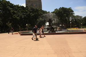 Australia, day, eye level view, fountain, group, New South Wales, park, pavement, people, summer, summer, sunny, Sydney, tree, vegetation