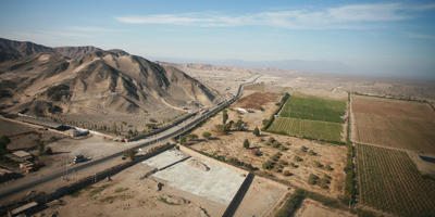 aerial view, agriculture, day, field, Ica, mountain, natural light, Nazca, Peru, road, sunny