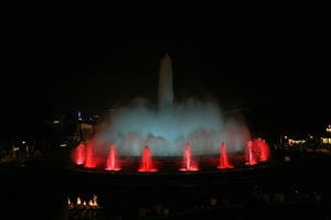 artificial lighting, Barcelona, Cataluña, eye level view, fountain, night, outdoor lighting, Spain