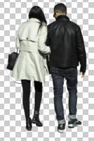 back, casual, caucasian, couple, cutout, cutout couples, cutout people, day, eye level view, sunny, walking, winter