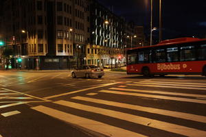 artificial lighting, Bilbao, car, crossing, eye level view, night, Pais Vasco, Spain, street