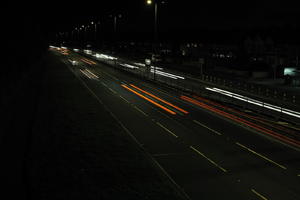 artificial lighting, car lights, city lights, elevated, England, evening, London, night, outdoor lighting, road, The United Kingdom, urban, winter