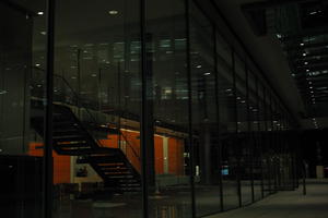 artificial lighting, building, England, eye level view, glass, lobby, London, night, spring, The United Kingdom, urban